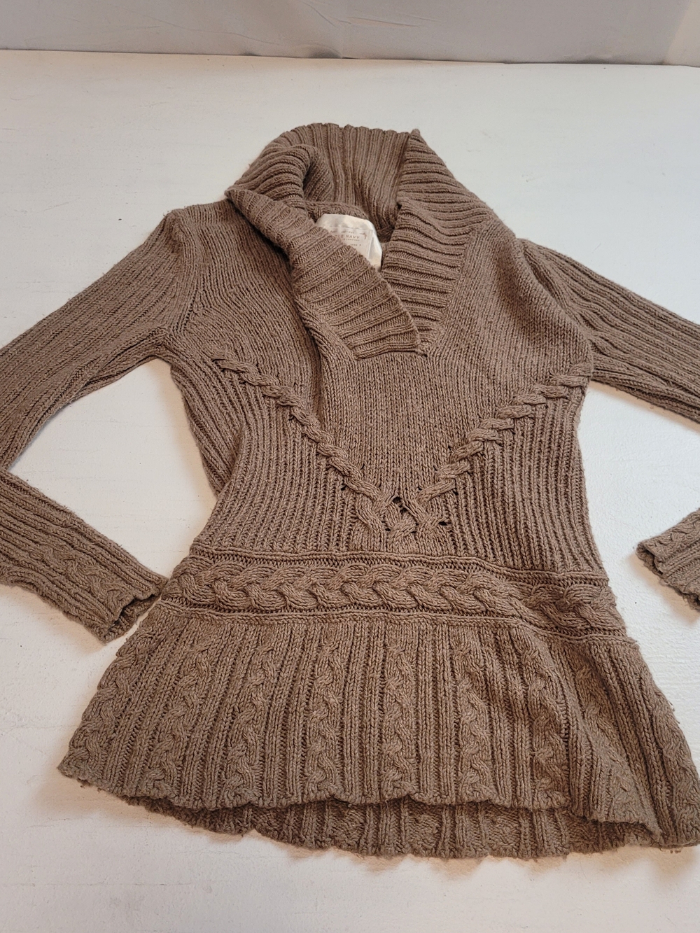 Old Navy Taupe Cable-Knit Shawl-Collar V-Neck Sweater